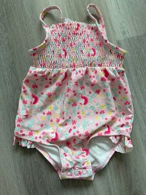 Carter’s Baby Girl 12M Pink Floral Unicorn Smocked One Piece Summer Swimsuit
